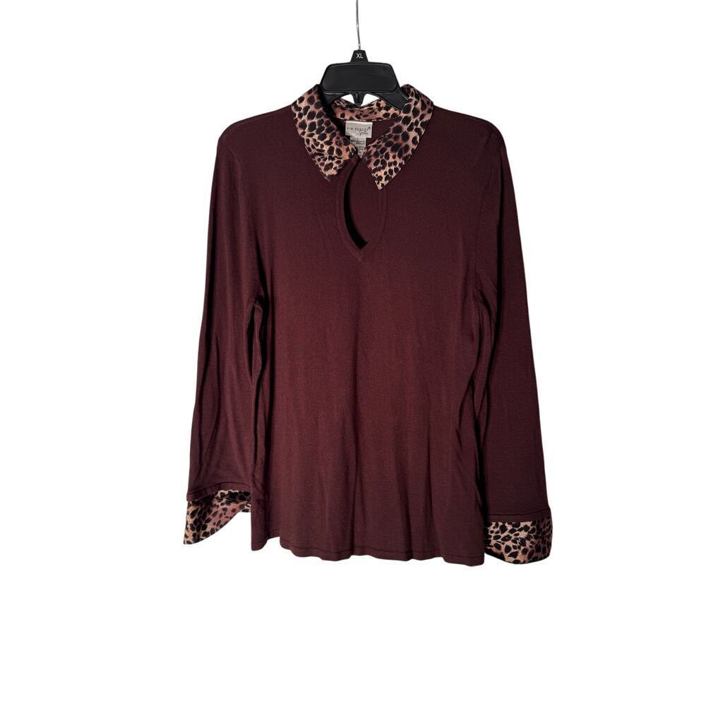 Y2K NWT Kim Rogers Large Brown Blouse with animal print color Women's Large - Picture 1 of 7